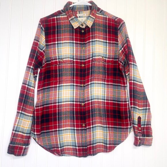 AEO | Flannel Shirt Red Plaid Multi-Color Soft Cotton Long Sleeve Medium - Picture 3 of 13